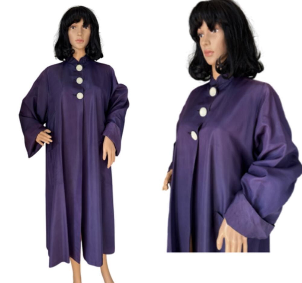 Vintage Purple Sateen Lined Duster Swing Coat 3 button closing large
